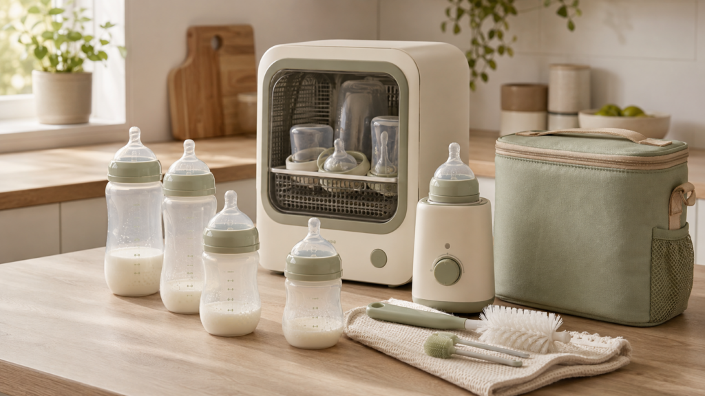 Baby bottles, bottle washer, bottle warmer, milk cooler and cleaning brushes