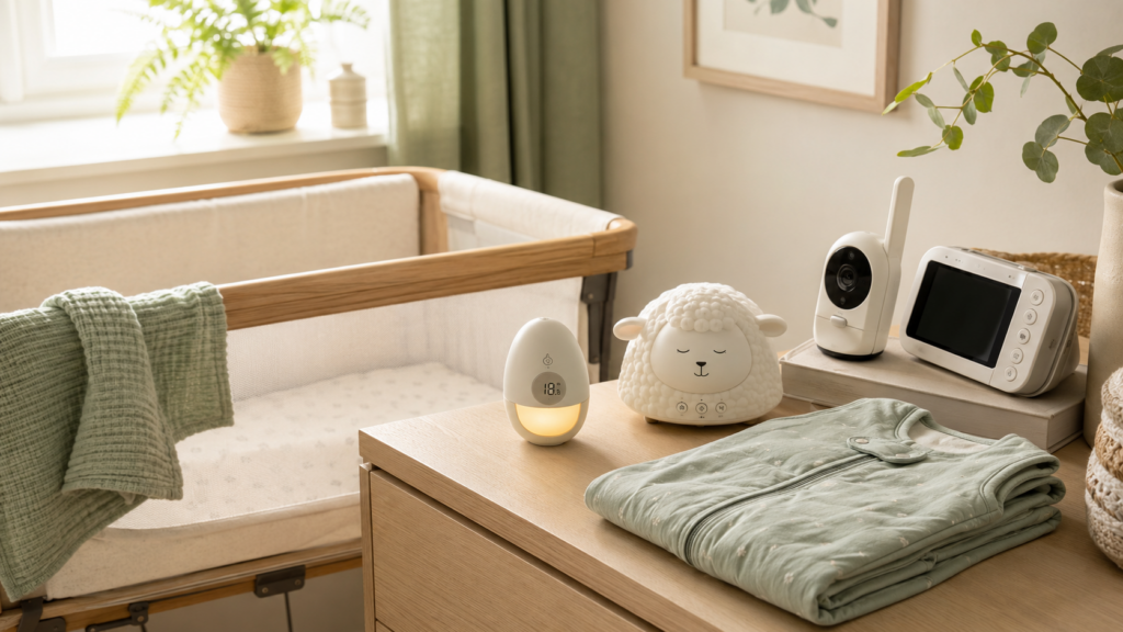 Amazon Baby Wishlist UK sleeping essentials including a crib, sleep bag and monitor
