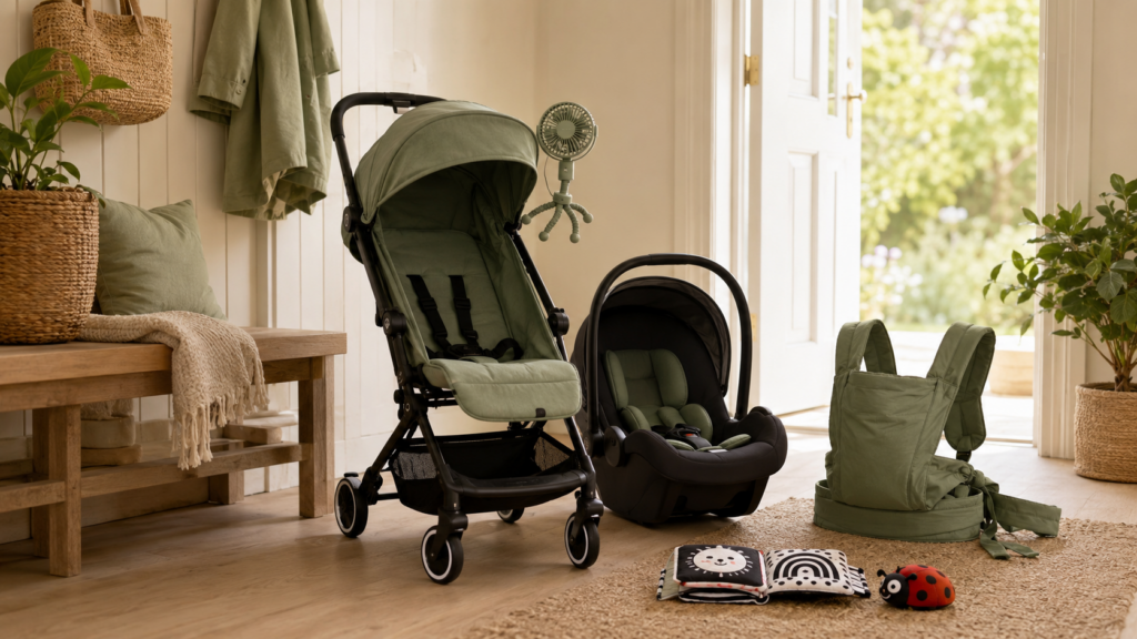 Compact pram, infant car seat, baby carrier, pram fan and sensory toys